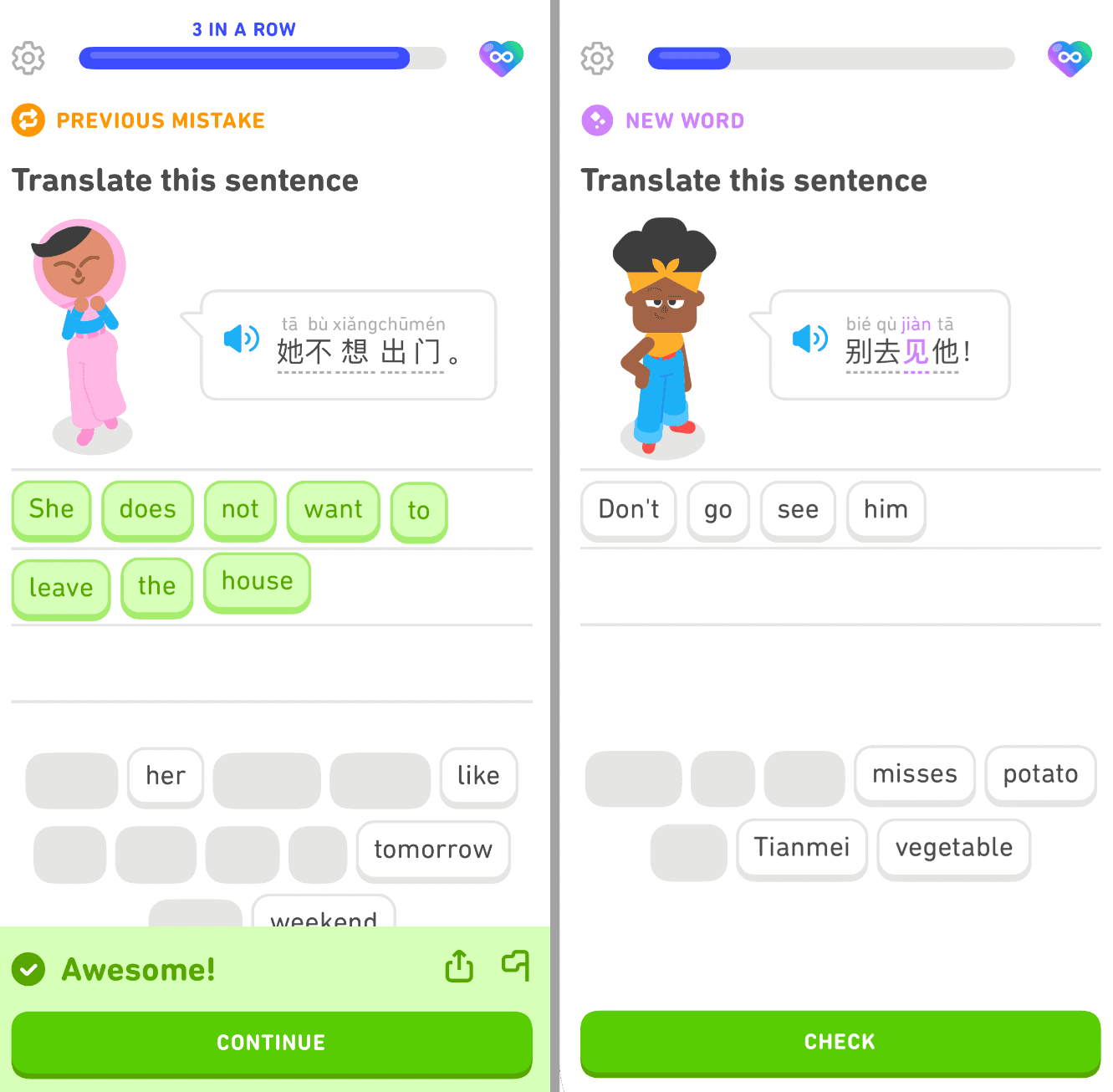 Screenshots from Duolingo app: review a previous mistake and learn a new word